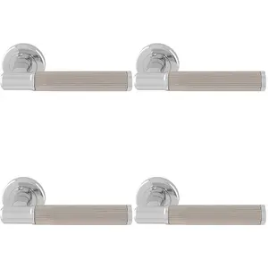 4 PACK - Premium Reeded Lines Door Handle Set - Chrome & Nickel Designer Lever Round Rose