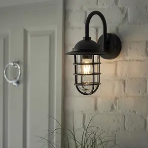 Non Automatic Caged Outdoor Wall Light - Textured Black & Glass Shade IP44 Rated