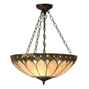 Luminosa Brooklyn 3 Light Large Inverted Ceiling Pendant Dark Bronze, Tiffany glass, E27