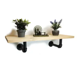 Solid Pine Rustical Shelf Primed Black Industrial Pipe Bracket 25x60cm