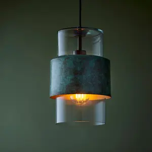 Luminosa Palermo Slim Pendant Ceiling Light Verdigris Bronze Plate, Clear Glass