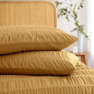 Catherine Lansfield Bedding Seersucker Embellished Duvet Cover Set with Pillowcase Caramel