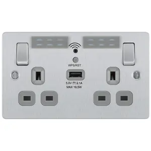 BG Brushed Steel 13A Flat Double WiFi extender socket with USB