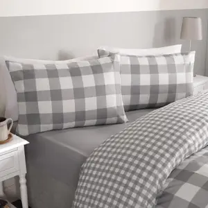 Gingham Duvet Cover Reversible Bedding Set, Grey - Double