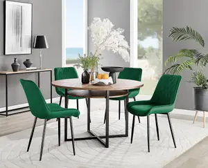 Adley Brown Wood Effect And Black Round Dining Table with Storage Shelf and 4 Green Velvet Black Leg Pesaro Dining Chairs