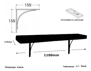 Solid Wood Handmade Rustical Shelf Primed 175mm 7 inch with Black Metal Bracket BOW Length of 110cm