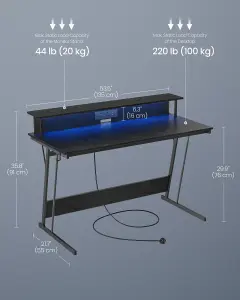 VASAGLE Gaming Desk with LED Lights and Built-In Power Outlets, Computer Desk with Monitor Shelf, Gaming Table for 2 Monitors