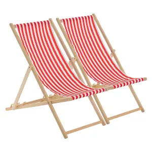 Harbour Housewares - Folding Wooden Deck Chairs - Red Stripe - Pack of 2