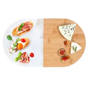 URBNLIVING 38cm Length Ceramic Oval Serving Platter Cheese Board Cake Tray Marble & Bamboo Plate