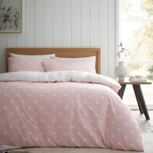 Catherine Lansfield Brushed Polka Dot Cotton Reversible Single Duvet Cover Set with Pillowcase Pink