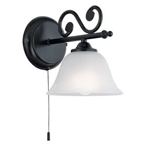 Wall Light Black Steel Shade White Glass Alabaster Pull Switch Bulb E14 1x40W