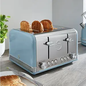 Swan Retro Blue Kettle and 4 Slice Toaster Set