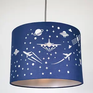 Stars and UFOs Decorated Children/Kids Midnight Blue Cotton Bedroom Lamp Shade