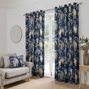 Wisteria Floral Print Pair of Navy Pencil Pleat Curtains