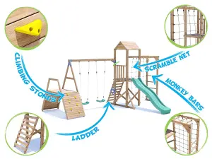 Dunster House Wooden Climbing Frame with Two Swings, Climbing Wall, Monkey Bars, Cargo Net & Slide BalconyFort Low Platform