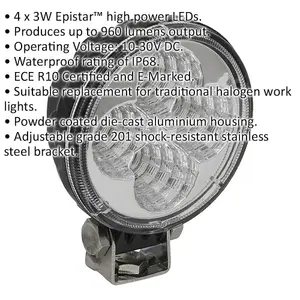 Waterproof Work Light & Mounting Bracket -12W SMD LED - 80mm Round Flash Torch