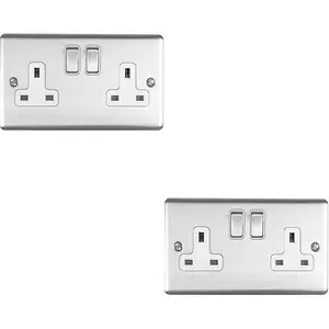 2 PACK 2 Gang Double UK Plug Socket SATIN STEEL & White 13A Switched Outlet