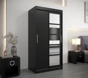 Sleek Black Roma I Sliding Door Wardrobe W1000mm H2000mm D620mm Mirrored Contemporary Storage Solution