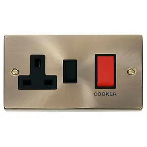 Antique Brass Cooker Control 45A With 13A Switched Plug Socket - Black Trim - SE Home