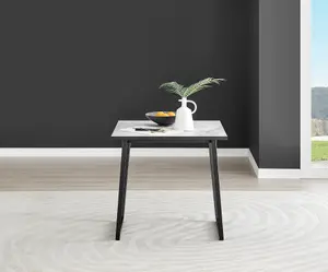 Furniturebox UK Carson White Marble Effect Square Dining Table & 2 Mustard Calla Black Leg Chairs