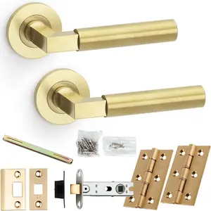 Door Handle & Latch Pack - Satin Brass - Mitred Smooth Bar Lever On Round Rose