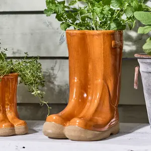 Orange Double Wellington Boots Large Ceramic Indoor Outdoor Flower Pot Garden Planter Pot