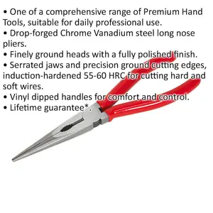 200mm Long Nose Pliers - Drop Forged Steel - 15mm Jaw Capacity - Serrated Jaws