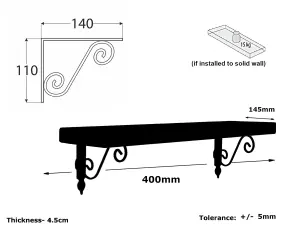 Wooden Shelf with Bracket WOZ 140x110mm Black 145mm Burnt Length of 40cm