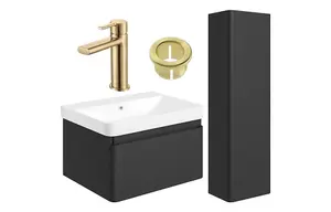 Aquarius Sophie 605MM Vanity Unit Matt Black Tall Boy Set with Brushed Brass Brassware