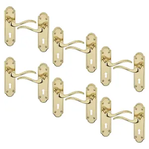 URBNLIVING 170mm Length 12 Pcs Lisbon Metal & Polished Brass Latch Door Keyhole Handles Set