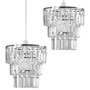 ValueLights Kelsks Pair of Modern 3 Tier Clear Jewel Effect Droplets Ceiling Pendant Light Shades