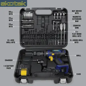 Skotek Cordless Drill Driver 18V/20V Li-Ion 54Pc Drill Bit Accessory Kit Carry Case Battery & Charger Included