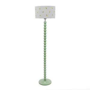 ValueLights Bobbins Sage Green Floor Lamp with Lemon Embroidered Drum Shade and LED Bulb