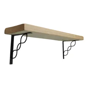 Solid Wood Handmade Rustical Shelf Unprimed 225mm 9 inch with Black Metal Bracket WPRP Length of 220cm