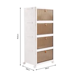 4 Tiers White Thicken Stackable Foldable Plastic Closet Shoe Storage Box with Wheels