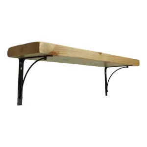 Solid Wood Handmade Rustical Shelf Primed 225mm 9 inch with Black Metal Bracket BOW Length of 130cm