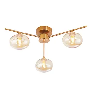 Modern Triple Branch Satin Brass Ceiling Light Fitting with Amber Glass Shades