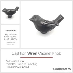 Oakcrafts - Small Antique Cast Iron Wren Cabinet Knob - Approx 50mm - Pack of 6