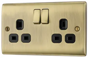 BG Antique Brass Double 13A Switched Socket & Black inserts