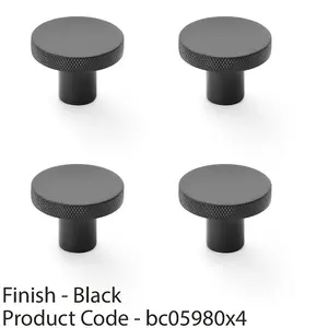 4 PACK - Knurled Round Radio Cupboard Door Knob - 38mm Diameter Matt Black Pull Handle