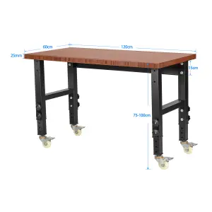 Costway 120cm Adjustable Workbench Heavy-duty Workstation W/ Bamboo Top & Lockable Casters