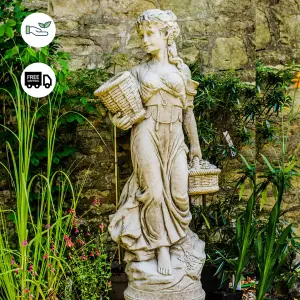 Large Stone Cast Lady Carrying Basket Garden Statue