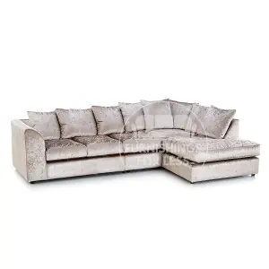 Crystal Crushed Velvet Fabric 5 Seater L Shaped Corner Sofa  Mink Right Hand Facing - Scatter Back