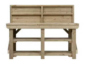 Indoor/outdoor workbench pressure treated station (H-90cm, D-64cm, L-210cm) with back panel and double shelf