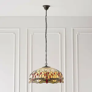 Tiffany Glass Hanging Ceiling Pendant Light Bronze Chain Dragonfly Shade i00104