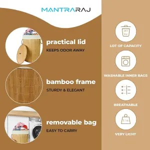 Mantraraj 85L Eco Friendly Round Bamboo Folding Laundry Basket Bin With Lid And Cloth Liner Collapsible Laundry Hamper Bin