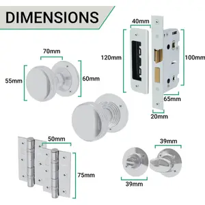 EAI - Lined Mortice Door Knobs and Bathroom Lock Kit - 55mm - Polished Chrome