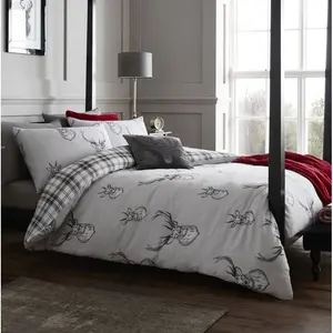 Stag Check Reversible Duvet Cover Set with Pillowcases Beige / Double Duvet Cover + 2 Standard Pillowcases