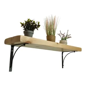 Solid Wood Handmade Rustical Shelf Primed 175mm 7 inch with Black Metal Bracket BOW Length of 80cm