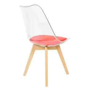 Soho Clear and Red Plastic Dining Chair with Squared Light Wood Legs